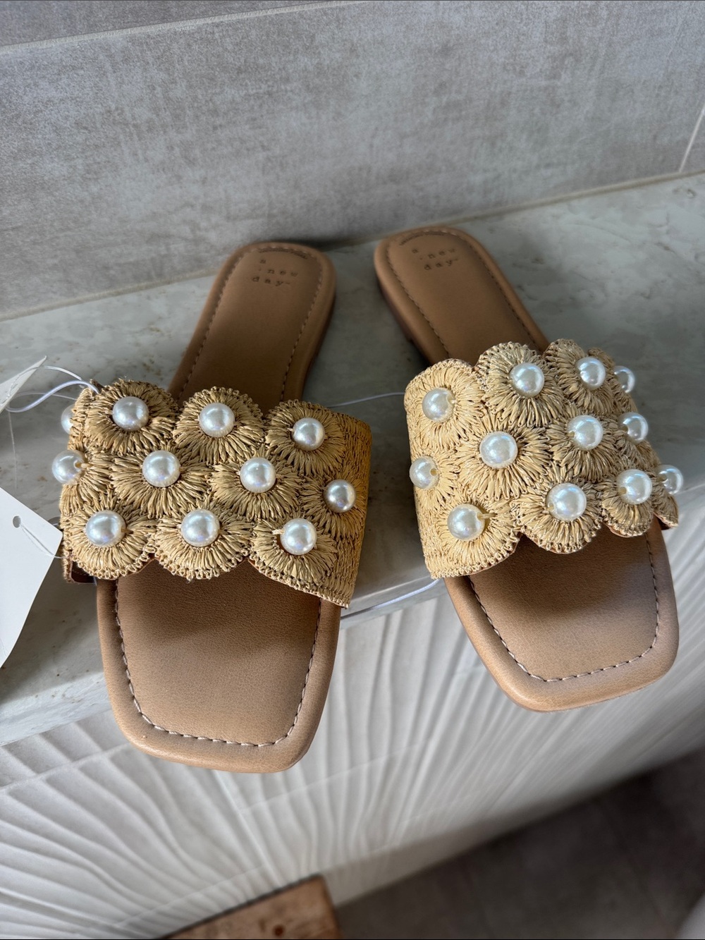 a new day Natural Tan Raffia Slide Sandals with Pearl Accents